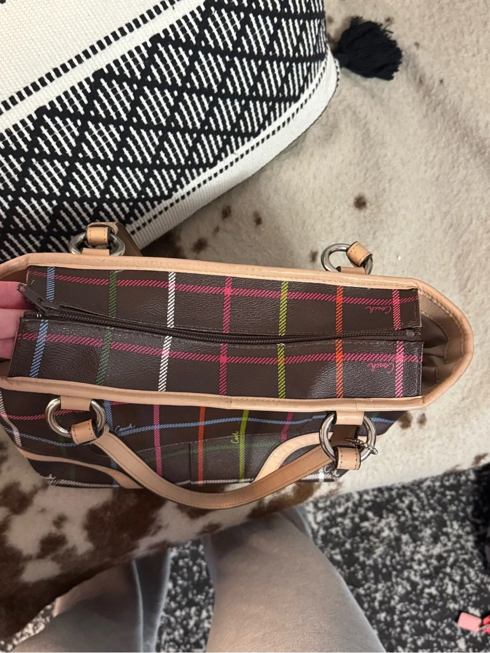 Coach Brown Plaid Tote with Multicolor Stripe Accents and Tan Leather Trim